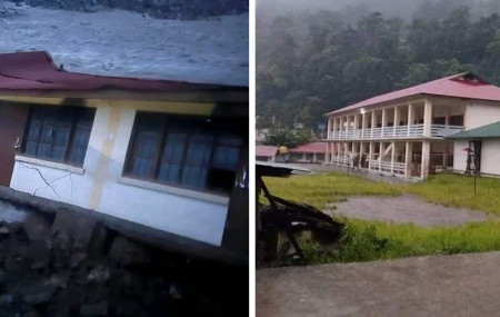 सिन्धुपाल्चोक, हेलम्बु गाउँपालिका-४ ग्याल्थुमस्थित सरस्वती मावि बाढीले बगाएपछि (बायाँ) र बाढीले बगाउनुअघि (दायाँ)।)